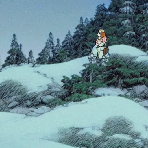 Image similar to Anime Russian man riding a bear in tundra, Studio Ghibli, highly detailed, establishing shot