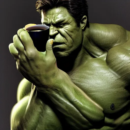 Prompt: A high definition photo of the incredible hulk drinking a cup of coffee on a couch in his living room, hyperdetailed, artstation, digital art, photorealism, accurate, 8k,