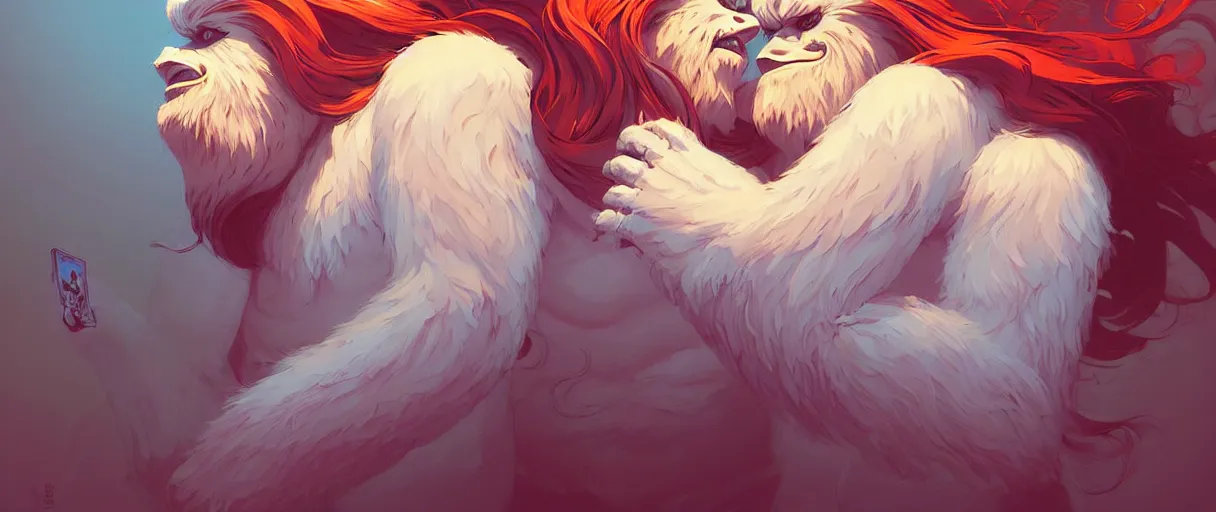 Image similar to beautiful artistic - wave highly detailed portrait yeti and bigfoot, with kitsune mask, long red hair, by atey ghailan, by greg rutkowski, by greg tocchini, by james gilleard, by joe fenton, by kaethe butcher, dynamic lighting, gradient light blue, brown, blonde cream and white color scheme, grunge aesthetic