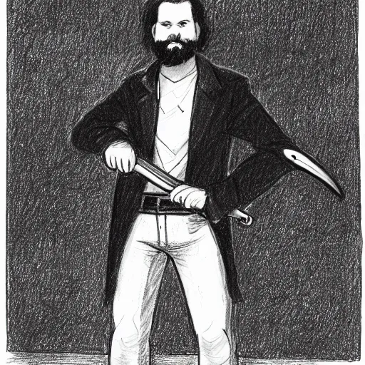 Prompt: a drawing of a man with black hair and beard wearing a black jacket, white shirt and jeans, holding a sword, cinematic