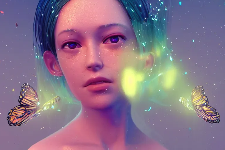 Prompt: a very beautiful dreamy hyper realistic portrait of a glass woman made of transparent glossy glass skin filled with glowing butterflies, rendered by beeple, by makoto shinkai, syd meade, space art concept, sci - fi, digital art, unreal engine, wlop, trending on artstation, 4 k uhd image, octane render