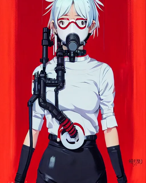 Image similar to white haired cyborg girl wearing a gas mask and red dress | | audrey plaza, fine detail!! anime!! realistic shaded lighting!! poster by ilya kuvshinov katsuhiro otomo ghost - in - the - shell, magali villeneuve, artgerm, jeremy lipkin and michael garmash and rob rey