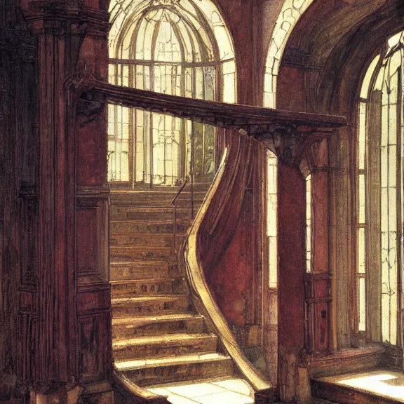 Prompt: painting of the interior of a ruined art nouveau mansion with curving staircases, detailed, beautiful, god rays, volumetric light, by john william waterhouse and james gurney