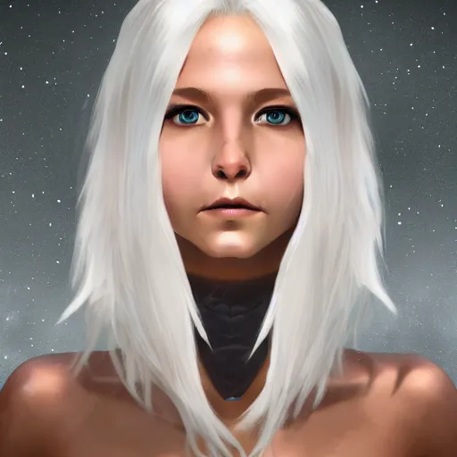 Image similar to fantasy portrait of a female human adventurer with white skin, white hair, white eyes without pupils, slightly - pointed ears, short wavy hair, eyebrow scar, trending on artstation, gentle smile, friendly, glowing, 4 5 angle, warm and welcoming