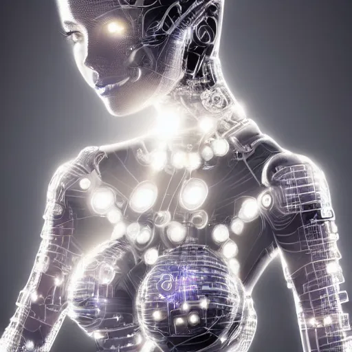 Prompt: beautiful Fine art photo portrait of young sweaty Brooke Burke as a solarpunk robotic goddess, white mechanical parts with led lights, photorealistic, white background, highly detailed and intricate, sun lighting, 8k