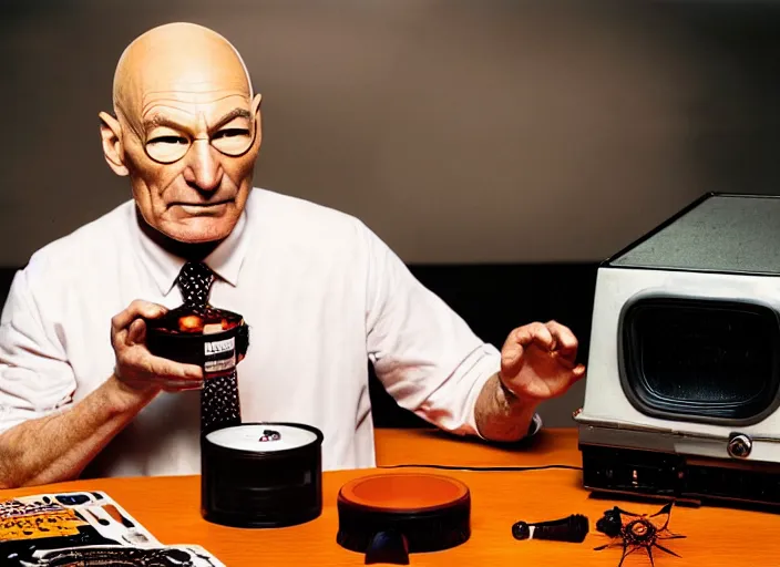 Image similar to a scene from a 2 0 2 0 s halloween kills, patrick stewart is eating from a can of beans, vhs distortion, cathode ray tube distortion, folk horror, hauntology, 8 k, 8 5 mm f 1. 8, studio lighting, rim light, right side key light