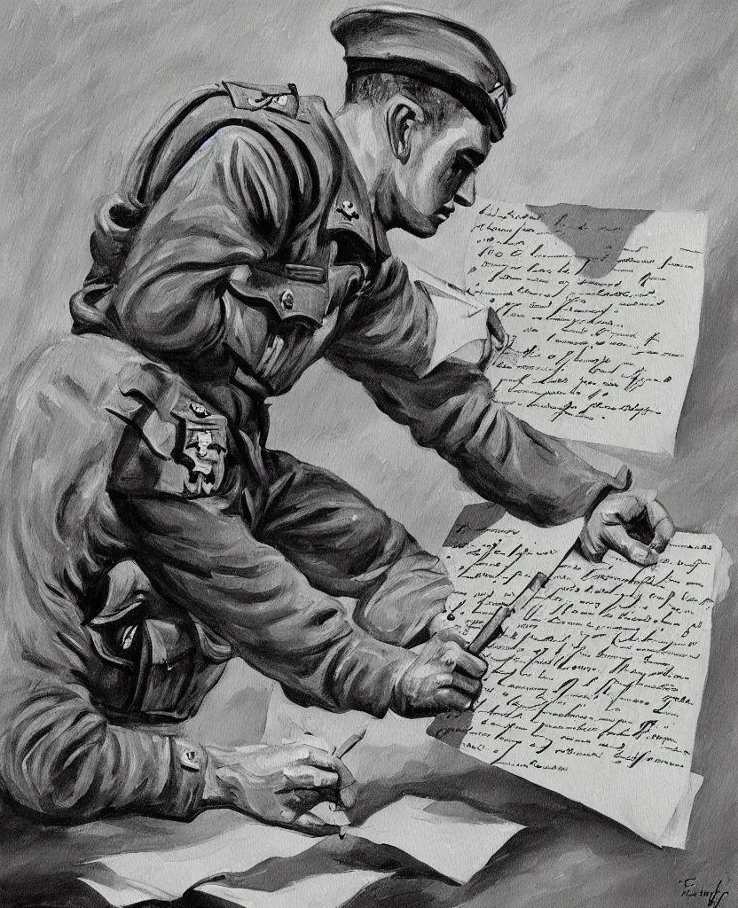 Image similar to a beautiful painting of a soldier's hand writing a letter to home with wwii in background, black and white, painted by escher