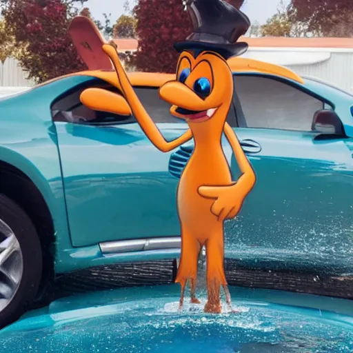 Prompt: Perry the Platypus washing a car while wearing a bikini