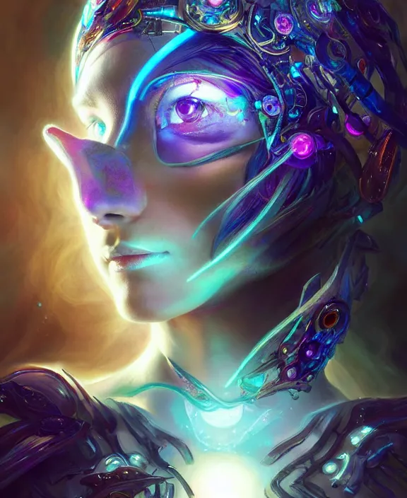 Image similar to a whirlwind of souls rushing inside the metaverse, half body, glowin eyes, tiara with sapphire, insect, android, cyberpunk, d & d, fantasy, intricate, elegant, highly detailed, colorful, vivid color, digital painting, artstation, concept art, art by artgerm and greg rutkowski and alphonse mucha and ruan jia