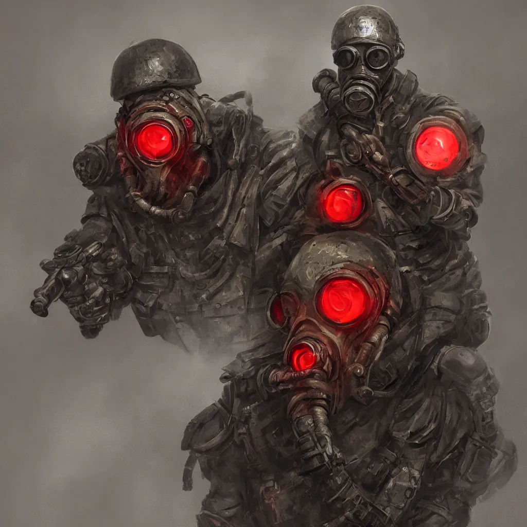 Prompt: soviet russian spetsnaz soldier wearing a demonic gasmask with glowing red eyes and three goggles and demonic tentacle instead of one arm, concept art, digital portrait, horror, creepy, concept art, military art, dark fantasy art, sci - fi, retrofuturism, artstation, highly detailed painting, art by eddie mendoza