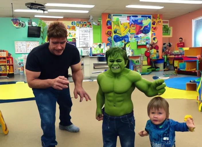 Image similar to the hulk working at a daycare