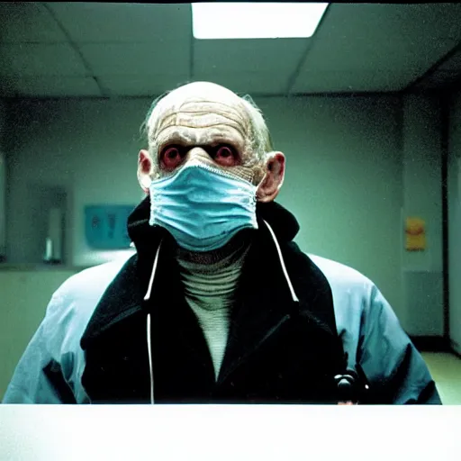Image similar to a creepy filmic 30mm filmic wide shot ground level angle movie still color film photograph of a 70-year old doctor wearing a surgical mask being overtaken by a dangerous shape shifting alien creature, with multiple mutated snarling drooling human faces with a grotesque variety of gorey human limbs in the style of a live action 1980s horror film, The Thing 1982