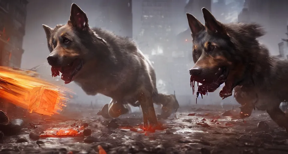 Prompt: the german shepherd of I am legend in new york attacking a zombie, foam around the teeth, octane render, unreal engine, style of peter mohrbacher, 8k highly detailed