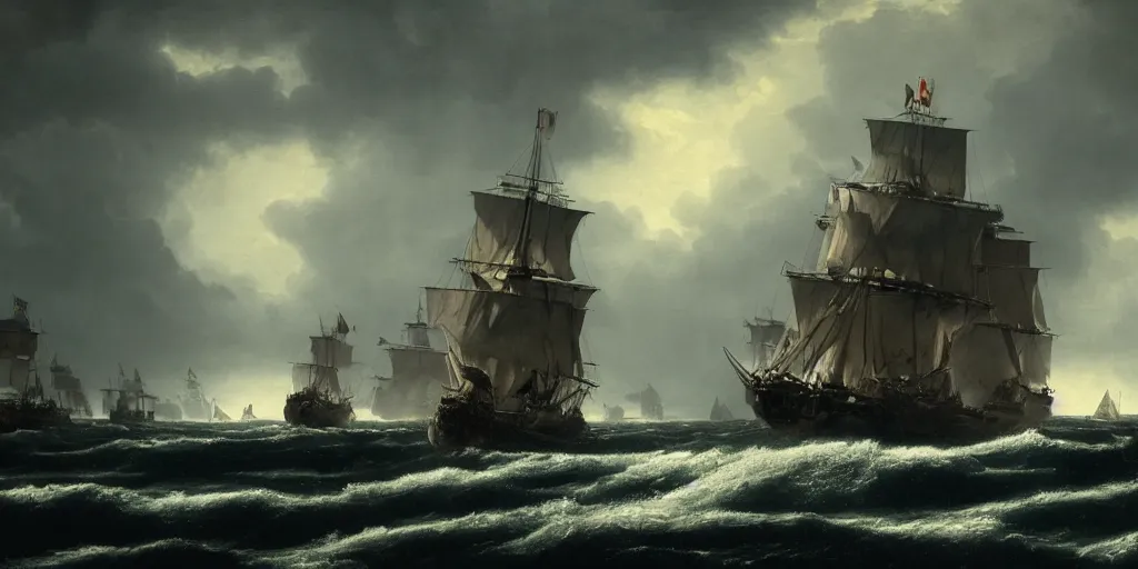 Image similar to Photorealistic,hyperdetailed hyper realistic medium shot rendering of galleons at war,canon fire,full sails,smoke,Dark raging waters,dusk,dark stormy clouds by Greg Rutkowski,Jacques-Louis David,Beautiful dynamic dramatic very dark moody lighting,shadows,Cinematic Atmosphere,high surface and silhouette details,Octane Render,8k