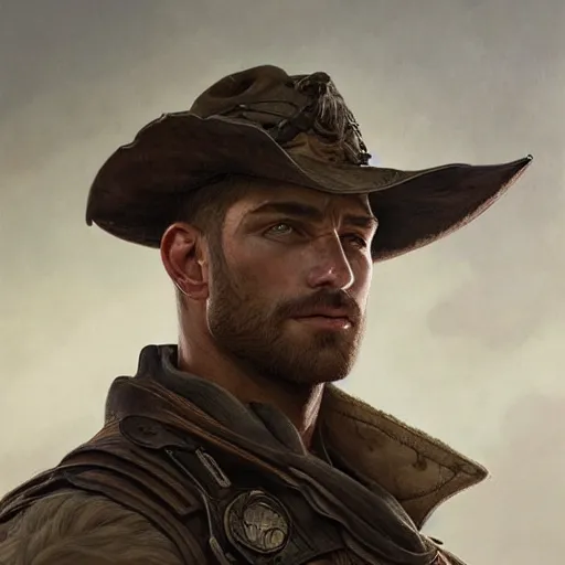 Image similar to portrait of a rugged ranger, handsome, muscular, half body, leather, smirk, fantasy, intricate, elegant, highly detailed, digital painting, artstation, concept art, smooth, sharp focus, illustration, art by artgerm and greg rutkowski and alphonse mucha