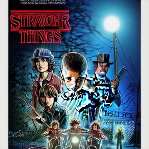 Image similar to Stranger Things poster by Ashley Wood and Mike Mignola and Drew Struzan, artstation, 80's American sci-fi poster style, 4K detailed post processing, footage