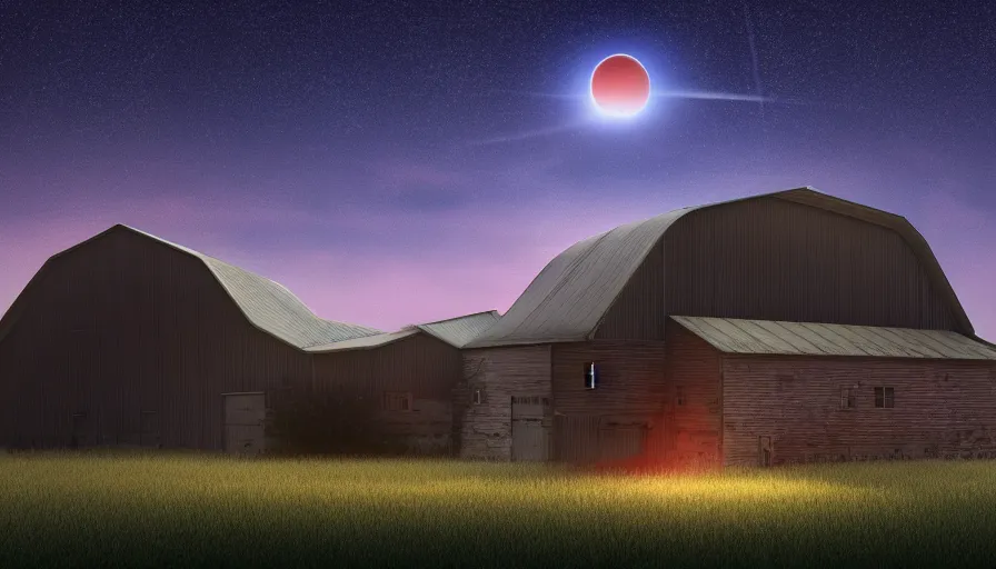 Image similar to a ufo floats over a barn with a broken roof, debris is ascending toward the ufo, volumetric lighting, night, photorealistic rendering, color palette, 8 k