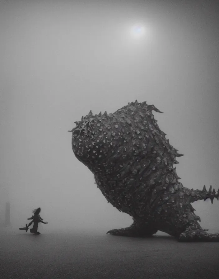 Image similar to very low - resolution found footage of a couple escaping in the city from a starfish kaiju monster, fog, foggy, korean film noir, monochrome, red hue, thriller, underdeveloped, epic, dramatic