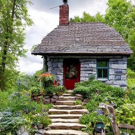 Prompt: a cute and quaint cobblestone cottage in the foothills of the blue ridge mountains with a lush vegetable garden in the front yard, designed by a hipster, heavenly sunshine beams divine bright soft focus holy in the clouds, hyperdetailed forest cottage made of stone decorated by a hipster, a magical cobblestone detailed cottage in the forest with a whimsical ambiance, fantasy illustration, detailed painting, and deep color, concept art 8k resolution