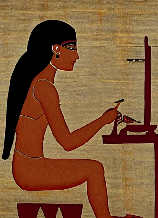 Image similar to ancient egypt painting girl using computer, 4 k, high quality, sharp fucos