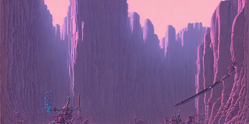 Image similar to grainy risograph matte painting of gigantic huge mech with huge swords, pastel matte colors, staying in the toxic canyon, filled with exotic animals on tall legs, by moebius, hyperrealism, intricate detailed