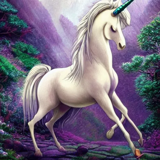 Prompt: A stunningly beautiful mystical unicorn :: hyperdetailed :: hyper realistic :: by Ghibli Studio :: in the style of Fantasy Art