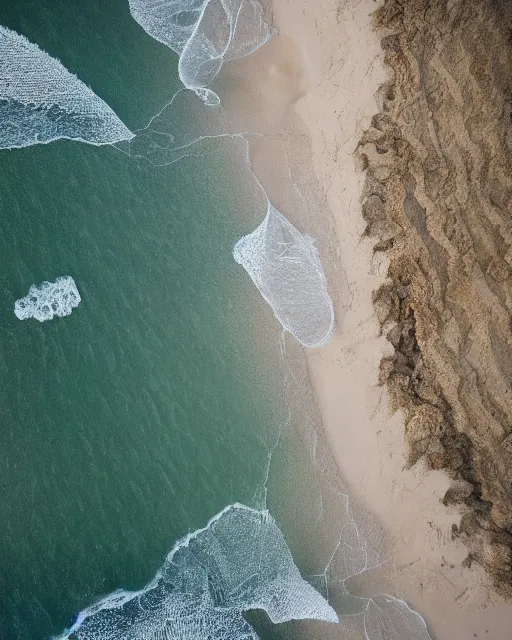 Image similar to a beach, made of intricate decorative lace leaf skeleton, shot from a drone, in the style of the dutch masters and gregory crewdson, dark and moody