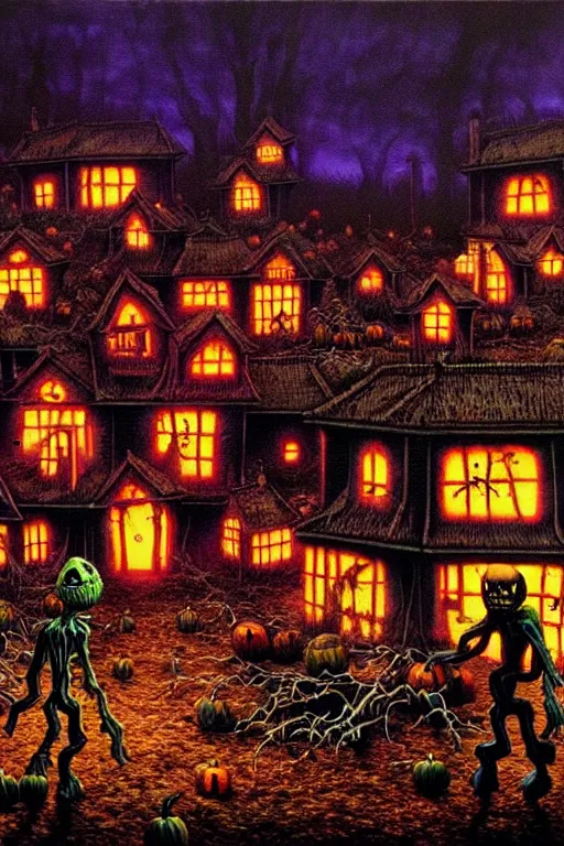 Prompt: a hyperrealistic painting of a haunted autumn night village with halloween decorations invasion, by chris cunningham and richard corben, highly detailed, vivid color,