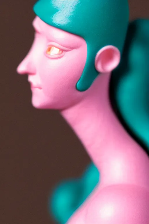 Image similar to hyperrealistic very detailed profile of rococo female face with pink eyes and mechanical mouth tjalf sparnaay very soft dark teal lighting wide angle 35mm shallow depth of field 8k