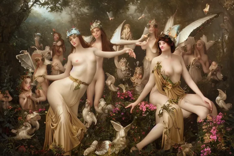 Image similar to the goddess of accordions surrounded by a court of nymphs, by tom bagshaw peter kemp