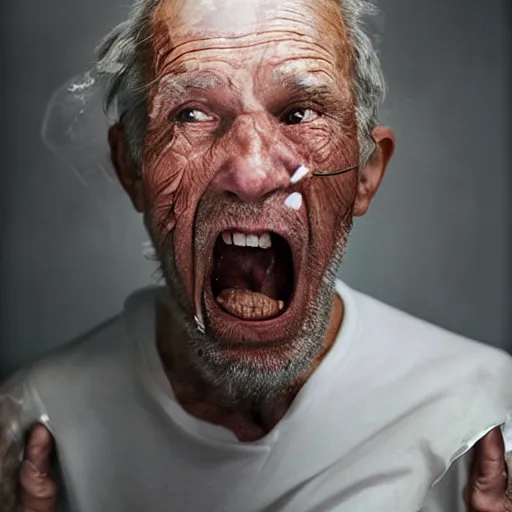 Image similar to a photographic portrait of a rugged elderly man, screaming, behind plastic wrap by Martin Schoeller