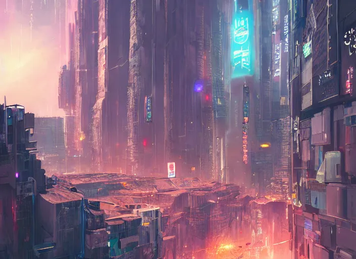 Image similar to meteorite hitting a cyberpunk city at night by wlop, key visual, high detail, digital art