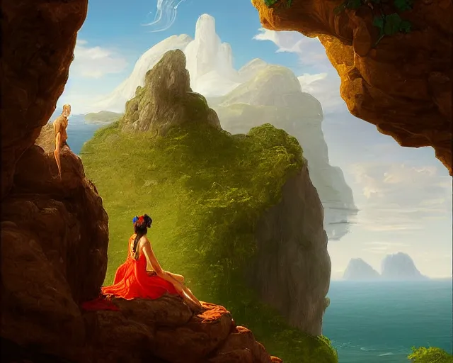 Image similar to a painting of a woman sitting on a rock overlooking an island, a digital painting by thomas cole, cgsociety, metaphysical painting, 2 d game art, storybook illustration, detailed painting