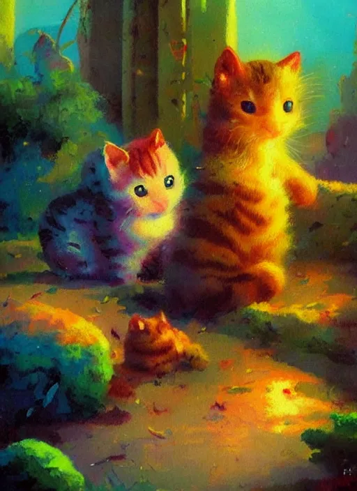 Image similar to colourful painting of two cute little kitties, art in paul lehr style, wide shot, bright, soft lighting, focus, masterpiece art - w 7 0 4