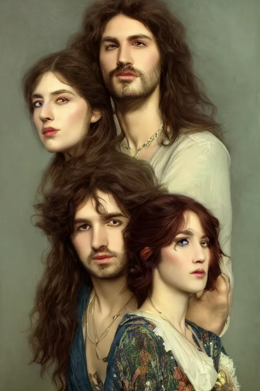 Image similar to a portrait of handsome young male rock star with long hair and his elegant beautiful bohemian wife, bored, illustration, dramatic lighting, soft details, painting oil on canvas, art nouveau, octane render, HDR, 4k, 8k, HD, by Edmund Blair Leighton, Brom, Charlie Bowater, trending on artstation, faces by Tom Bagshaw, Sargent