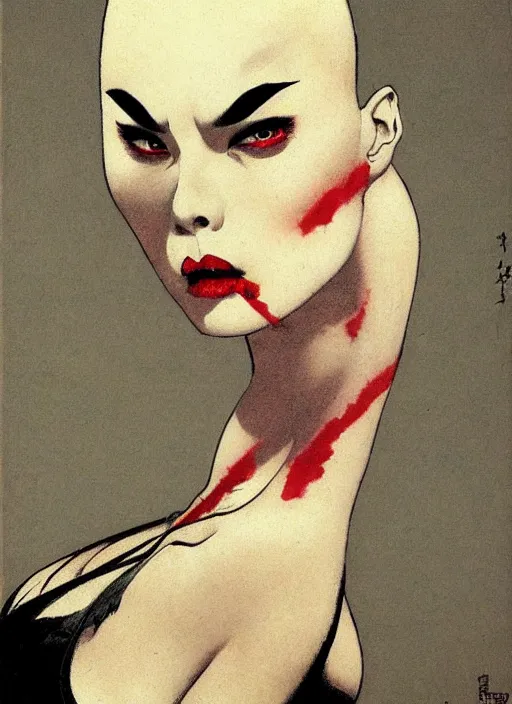 Image similar to portrait of bald korean vampiress, strong line, saturated color, beautiful! coherent! by frank frazetta, high contrast, minimalism