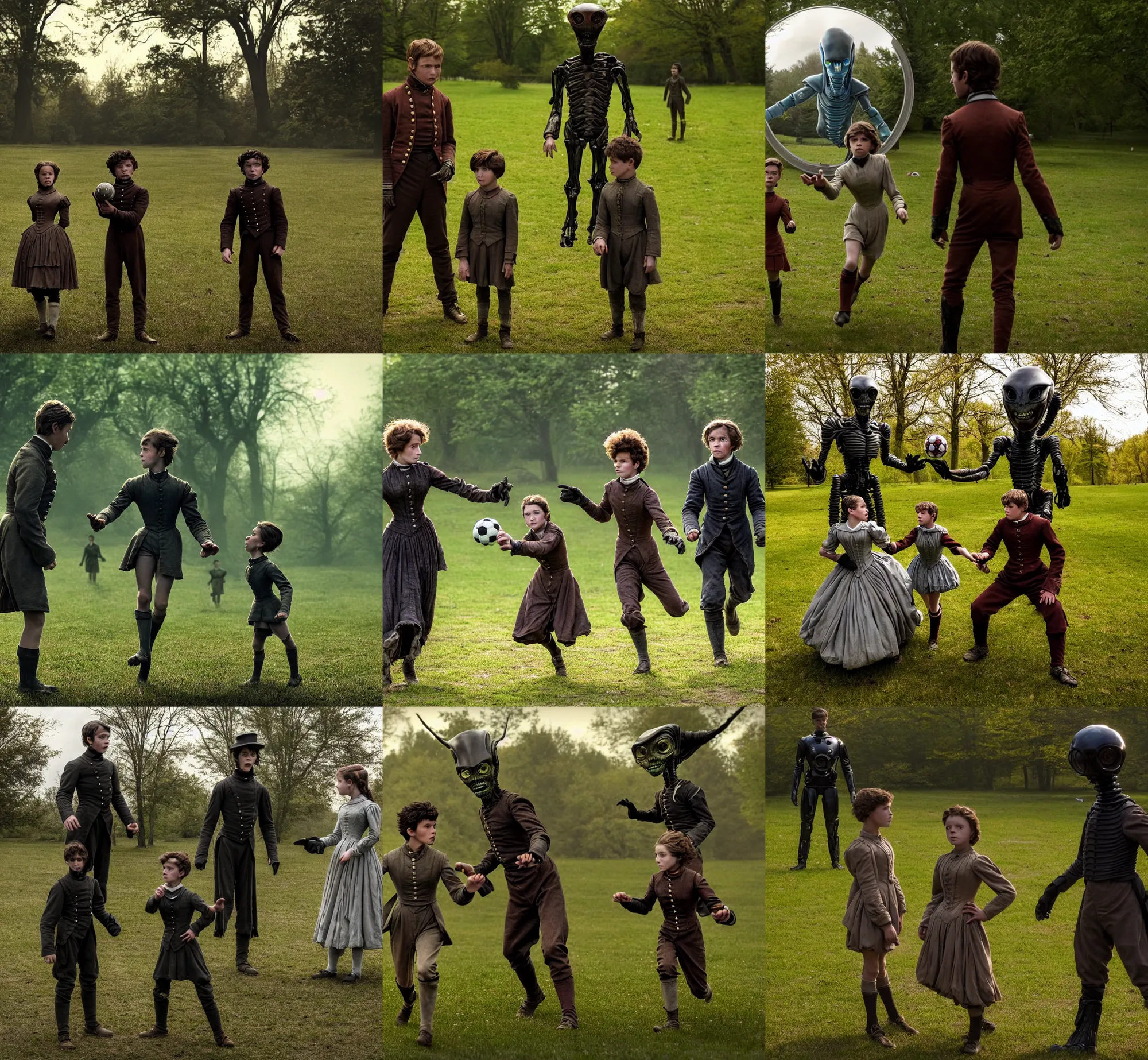 Prompt: sharp, highly detailed, film from a 2 0 1 9 sci fi 8 k movie, set in 1 8 6 0, a boy and a girl playing soccer with a humanoid alien in a park, on an alien planet, wearing 1 8 6 0 s clothes, atmospheric lighting, in focus, reflective eyes, 3 5 mm macro lens, live action, nice composition