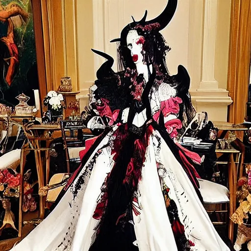 Image similar to the satanic bride looking very sophisticated and hypermaximalist at her baroque wedding reception banquets as she feasts among the many archdemons