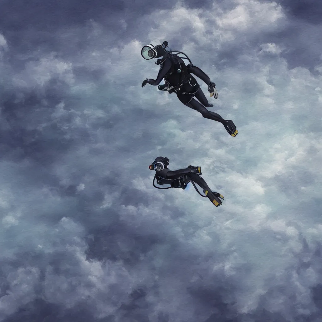 Image similar to a single scubadiver floating above the clouds, closeup, digital drawing