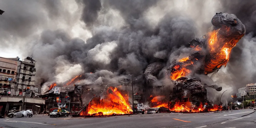 Prompt: wide angle photo, a epic side robot pig machine breaking down buildings on fire in a city, in the style of a kaiju monster movie