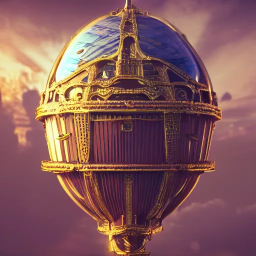 Image similar to enormous flying city in a faberge egg, sky, steampunk, fantasy art, masterpiece, octane render