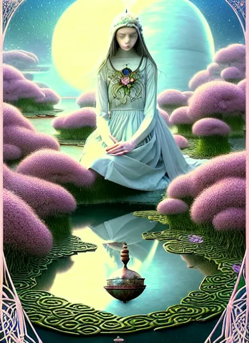 Prompt: art by Gediminas Pranckevicius, Hyperrealistic beautiful goodness ethereal white north pole girl portrait, art nouveau, fantasy, intricate flower designs, elegant, highly detailed, sharp focus, art by Artgerm and Greg Rutkowski and WLOP - WOMAN of tarot card The Star card shows a woman kneeling at the edge of a small pond. She is holding two containers of water. One container pours the water out to the dry land, as if to to nourish it and ensure its fertility. The lush green land around her seems to say that it is working. One foot is inside the water which shows the spiritual abilities and inner strength of the woman. The other foot on the ground shows her practical abilities and strengths. Behind her, there is a large central star surrounded by seven small stars which represent the chakras. There is bird standing at a tree branch which represents the holy ibis of thought. The Star's astrological correspondent is Aquarius.