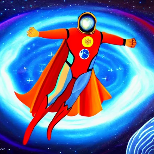 Image similar to spaceman superhero with cape and magic spells surfing, isometric scifi astral spirit space journey in oil painting, pulled into the spiral vortex, trending on artstation, award winning, emotional, highly detailed ethereal isometric surrealist art