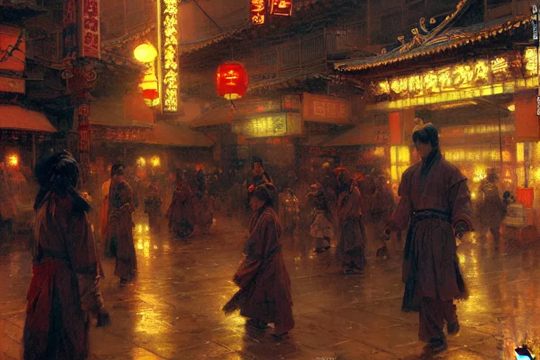 Image similar to wuxia, winter, attractive male, neon light, chinatown, painting by gaston bussiere, craig mullins, j. c. leyendecker