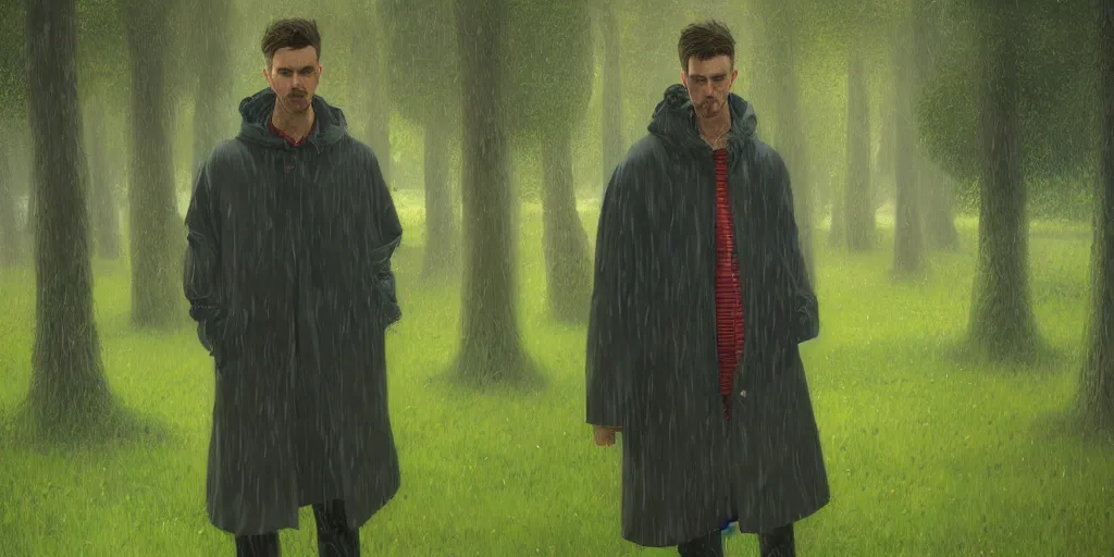 Image similar to man in raincoat in park, hyper detailed, digital art, trending in artstation, cinematic lighting, studio quality, smooth render, unreal engine 5 rendered, octane rendered, art style by klimt and nixeu and ian sprigger and wlop and krenz cushart.