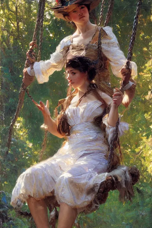 Image similar to full body portrait of her sitting on swing in forest, highly detailed painting by gaston bussiere, craig mullins, j. c. leyendecker, 8 k, mid shot