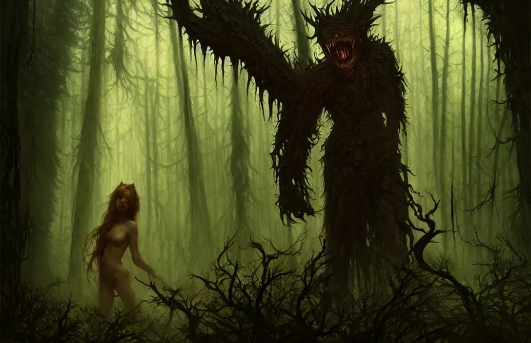 Image similar to monster inside a dark horror forest, heroic lighting, folklore, intricate, elegant, highly detailed, lifelike, photorealistic, digital painting, artstation, illustration, concept art, smooth, sharp focus, art by John Collier and Albert Aublet and Krenz Cushart and Artem Demura and Alphonse Mucha