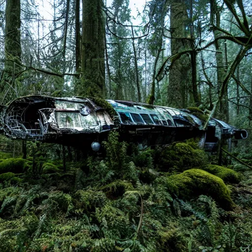 Image similar to derelict spaceship in a Forrest, hyper detailed, overgrown with moss, rusty metal, wildlife, daytime