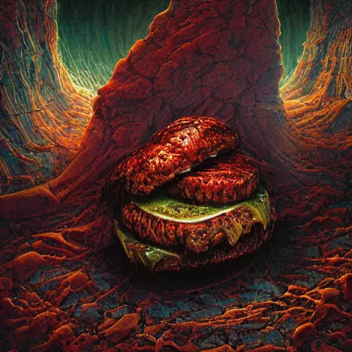 Image similar to photorealistic demonic cheeseburger in the style of michael whelan and gustave dore. hyperdetailed photorealism, 1 0 8 megapixels, amazing depth, glowing rich colors, powerful imagery, psychedelic overtones, 3 d finalrender, 3 d shading, cinematic lighting, artstation concept art