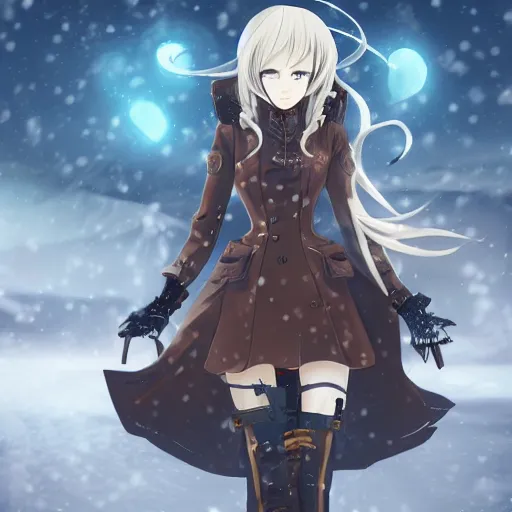 Image similar to anime girl with steampunk weapons and armor walking in a snowy tundra, snow, foggy, extremely detailed, particles, lush, moonlight, stars,